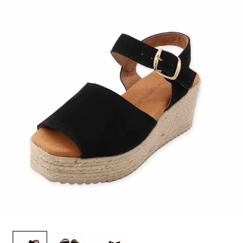 Elegant Black Wedge Sandals with Gold Buckle